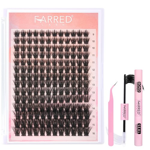 FARRED Lash Clusters Kit Individual Lashes Extensions 9-16MM Cat Eye Wispy Natural Eyelash Cluster 168 PCS with Lash Bond and Lash Seal and Lash Tweezers DIY Eyelash Extensions Kit (DIY Lash Kit-CF17)