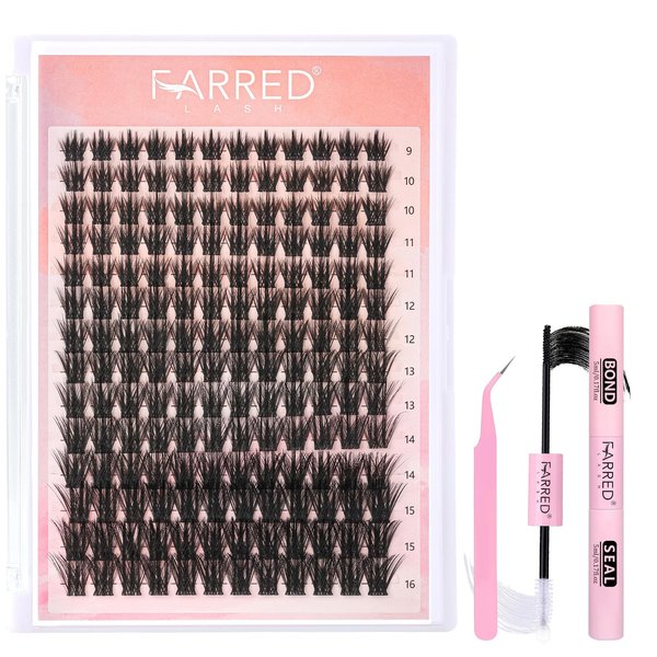 FARRED Lash Clusters Kit Individual Lashes Extensions 9-16MM Cat Eye Wispy Natural Eyelash Cluster 168 PCS with Lash Bond and Lash Seal and Lash Tweezers DIY Eyelash Extensions Kit (DIY Lash Kit-CF17)