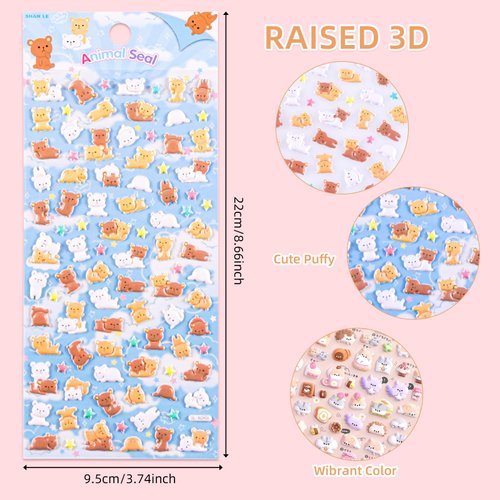 Cute Mini Puffy Stickers for Kids Girls, Cute Kawaii Japanese Soft Stickers, Small 3D Tiny Micro Bulk Sticker Set for Stationary Phone Case Gifts Party (Colorful Animal Stickers)