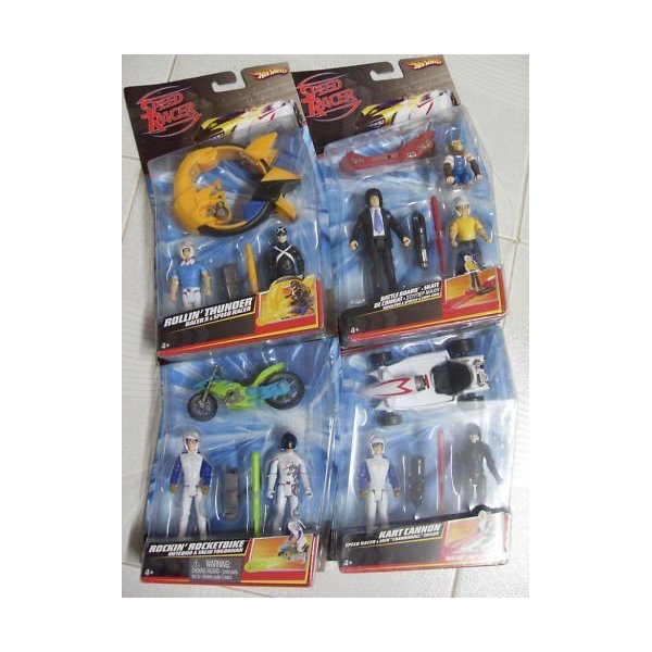 Hot Wheels Speed Racer Action Figure 2 Packs. The Four Included Speed Racer Two Packs are Rollin Thunder, Battle Board, Rockin Rocketbike, Kart Cannon. Includes Speed Racer (3), Pops, Spridle, Chim