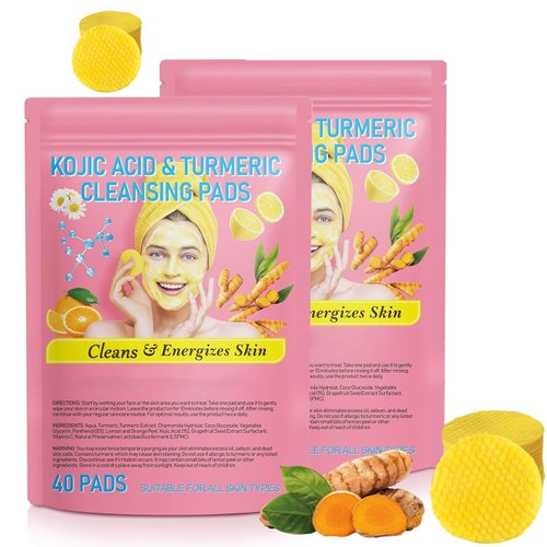 Aiwejay 80PCS Turmeric Face Scrub Pads,Turmeric Kojic Acid Cleansing Pads with Vitamin B5, Vitamin C Turmeric, Sugar Turmeric Cleansing Pads for Face (40 Count (Pack of 2))