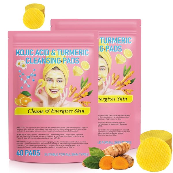 Aiwejay 80PCS Turmeric Face Scrub Pads,Turmeric Kojic Acid Cleansing Pads with Vitamin B5, Vitamin C Turmeric, Sugar Turmeric Cleansing Pads for Face (40 Count (Pack of 2))