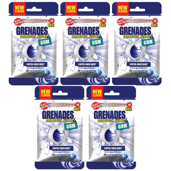 Grenades GUM Explosively Strong Mint Sugar-Free Gum - Intense, Long Lasting Flavor and Breath Freshening - Pack of 5 (Super-Uber Mint) (150 Pieces)