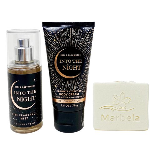Bath & Body Works Into The Night - Duo Gift Set Travel Size - Fine Fragrance Mist and Body Cream With a Natural Oats Sample Soap., black