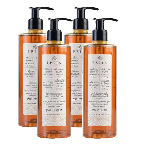 Prija - Shampoo and Shower Gel with Ginseng - 4 Pack of 380 ml - Hair & Body Cleanser, Vegan - Hair and Body wash with Ginseng - Dermatologically Tested, Made in Italy