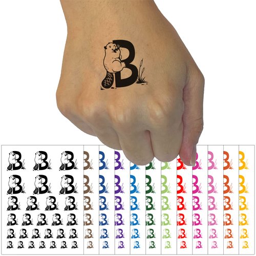 Animal Alphabet Letter B for Beaver Temporary Tattoo Water Resistant Fake Body Art Set Collection - Dark Blue (One Sheet)