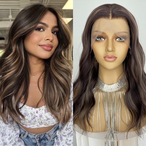 CIMITIKI 13x4 Ombre Highlight Pre Plucked Auburn Brown Mixed Blonde Wig Body Wave 4/27 Colored Synthetic Piano Lace Front Wigs 18Inch for Women