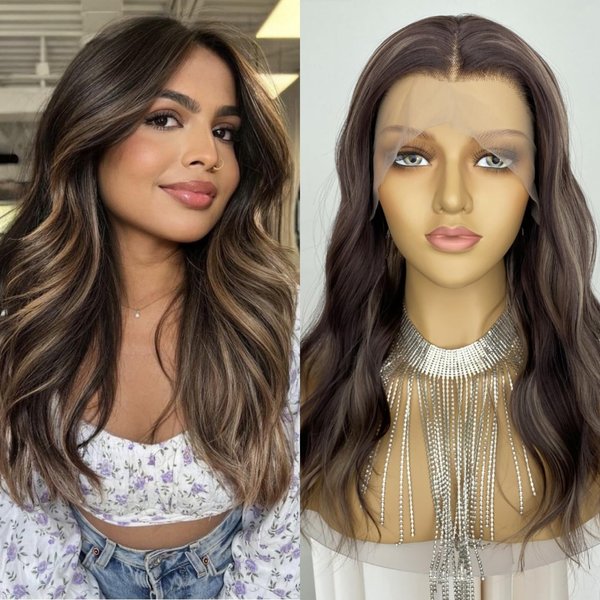 CIMITIKI 13x4 Ombre Highlight Pre Plucked Auburn Brown Mixed Blonde Wig Body Wave 4/27 Colored Synthetic Piano Lace Front Wigs 18Inch for Women