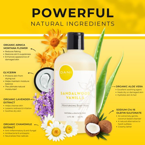 DANI Moisturizing Body Wash Naturals - Warm Sandalwood Vanilla Aromatherapy - Organic Aloe Vera & Natural Glycerin - Paraben & Sulfate Free Shower Gel - For Men & Women - 12 Ounce Bottle