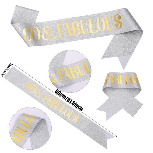 Sliver Gold 60 & Fabulous Sash & Rhinestone Tiara Set, 60th Birthday Gifts for Women, Birthday Sash/Tiara for Women's 60th Birthday Party Decoration(Sliver 60th)