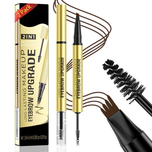 Microblading Eyebrow Pencil - 2-in-1 Dual-Ended Waterproof Eye Brow Pen with 4-Fork-Tip Brow Pen and Precise Brush Create Natural Looking Defined Eyebrows Last All Day