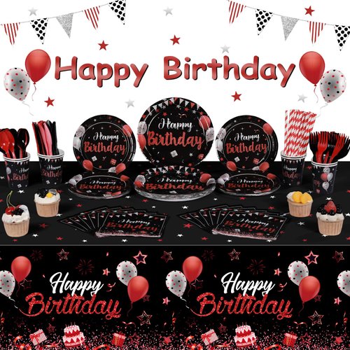 Capoda Birthday Party Supplies Happy Birthday Tableware Set Confetti Starry Tablecloth Plates Cups Napkins Dinnerware for Kids Adults Birthday Party Supplies Decor (Red and Black)