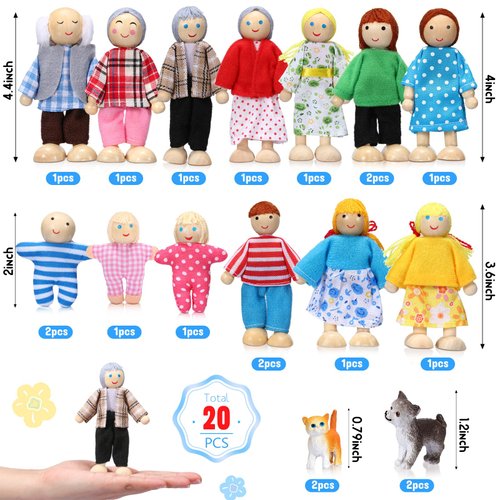 20 Pcs Wooden Dollhouse Family Set of 16 Mini People Figures and 4 Pets, Dollhouse Dolls Wooden Doll Family Cosplay Figures Accessories for Pretend Dollhouse Toy (Vivid Style)