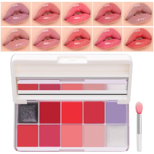 DAGEDA Lip Gloss Palette,10 Colors Glossy Lipstick Palette with Silicone Lip Brush,Long Lasting Tinted Lip Gloss, Moisturizing,Non Sticky,Lightweight Jelly Texture Watery Lip Makeup(Color B)