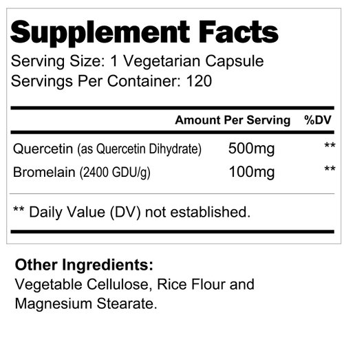 LongLifeNutri Quercetin 500mg with Bromelain 100mg 120 Vegetarian Capsules | Natural Antioxidant Supplement | Relief Complex | Dihydrate Pure Powder Extract Cap 500 mg Plus