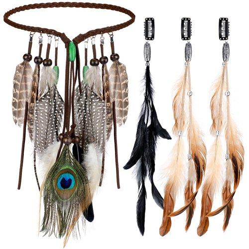 XunYee 4 Pack Halloween Feather Hair Clips Boho Headband Hippie Hair Extensions with Feather Clip Comb Set for Women(Green Style)