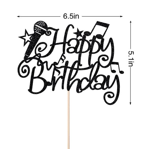 Naicaek Black Glitter Microphone Happy Birthday Cake Topper，Music Lover Birthday Decorations,Karaoke Musical Theme Birthday Party Supplies for Boys Girls (Black)