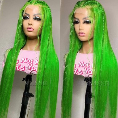 QMSSR Green Color Synthetic Lace Front Wigs Long Straight Hair Light Green Wig Glueless Lace Front Wigs for Fashion Women