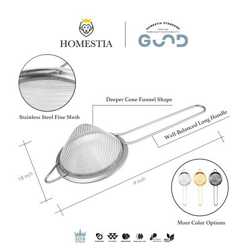 Homestia Fine Mesh Sieve Strainer Stainless Steel Cocktail Strainer Food Strainers Tea Strainer Coffee Strainer with Long Handle for Double Straining Utensil 3.3 inch