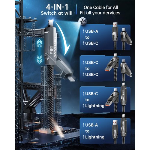 SHEZI [Upgraded 4 in 1 60W 5FT USB C Cable Lightning Cable, Nylon Braided Fast Charging iPhone iPad Charger Cord [480Mbps Data Sync],Multi Charging Cable with Lightning/Type C/USB A Port, Grey