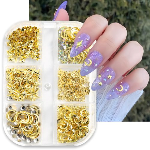 1 Boxed 6 Grids Gold 3D Alloy Metal Star Moon Nail Rivets Charms Nails Rhinestones Hollow Gold Star Nail Jewelry Acrylic Nails Design Sparkling Nail Diamond Accessories DIY Manicure Nail Decoration