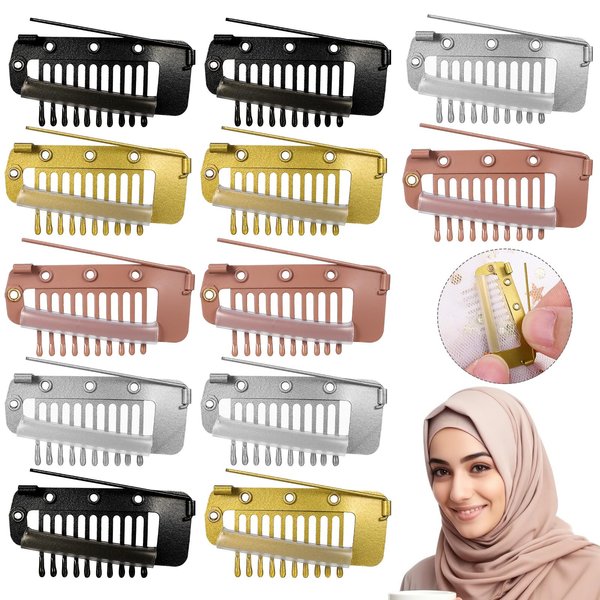 FOMIYES Metal Snap Clips with Safety Pins - 12pcs Wig and Hair Extension Grips for Dupatta Setting
