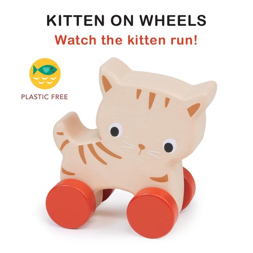 Mentari Toys - Kitten on Wheels - Wooden Cat Push Toy for Babies and Toddlers - Natural Wood Handheld Toy with 4 Wheels - Enhances Motor Skills - Fosters Imaginative Play - Age 6m+