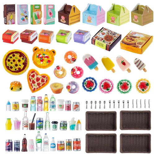 86 Pieces Miniature Pepperoni Pizza Cakes Donuts Tarts Ice Cream Burgers Set with Box for Dollhouse Mini Simulation DIY Prop Decoration Play Food Toys Pretend Kitchen Stores Supermarkets Accessories