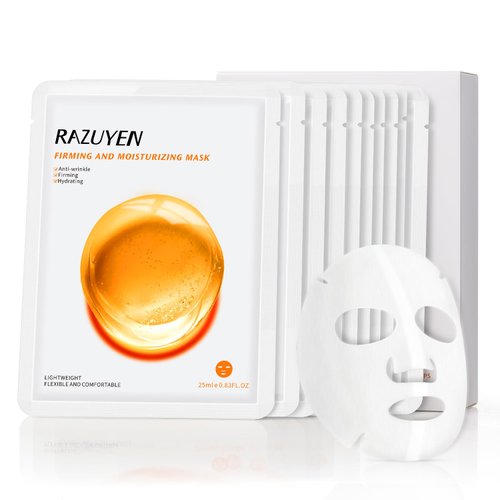 RAZUYEN Firming and Moisturizing Sheet Face Masks with Hyaluronic Acid and Peptides, Reduce Fine Lines and Wrinkles, Hydrating & Anti-Aging Spa Face Mask, Facial Skin Care (Pack of 10)
