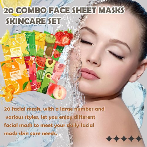 WENJLYJ 20 Combo Face Sheet Masks Skincare Set,Moisturizing Face Mask Skin Care Kit,Hydrating Facial Mask Gift Set for Women,Mom,Men,Wife & Girlfriends