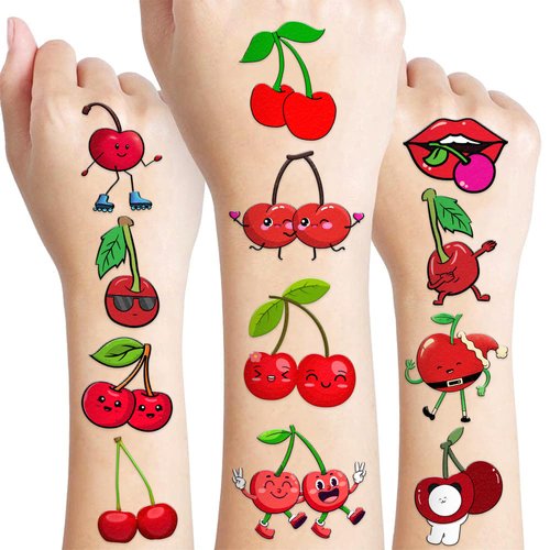 100 PCS Funny Cherry Temporary Tattoos Sticker Fruit Red Cherries Cherry Birthday Party Decorations Favors Supplies Gifts Boys Girls Cute Fake Tattoo School Reward Themed