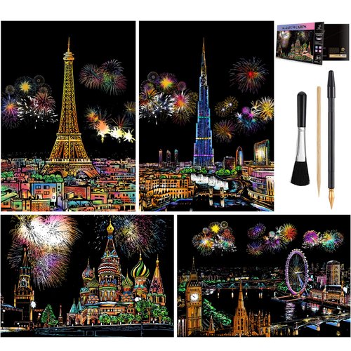 Rainbow Scratch Art Painting Paper (A4) for Adult & Kids, Night View Scratchboard, Engraving Art Set: 4 Sheets Scratch Cards & Clean Brush, Drawing Pen (Eiffel Tower / Big Ben / Moscow / Burj Khalifa)