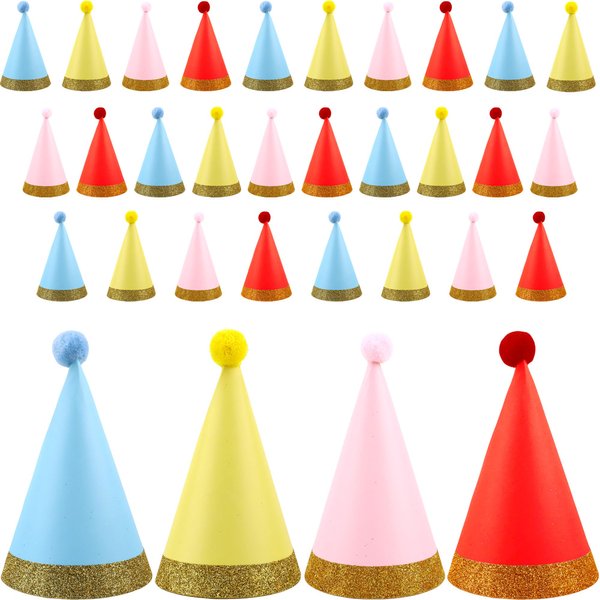 Rcanedny 32 Pcs Birthday Party Hats Glitter Colorful Cone Party Hats With Pom Poms for Kid Adult Birthday Holiday Party Gift Supplies