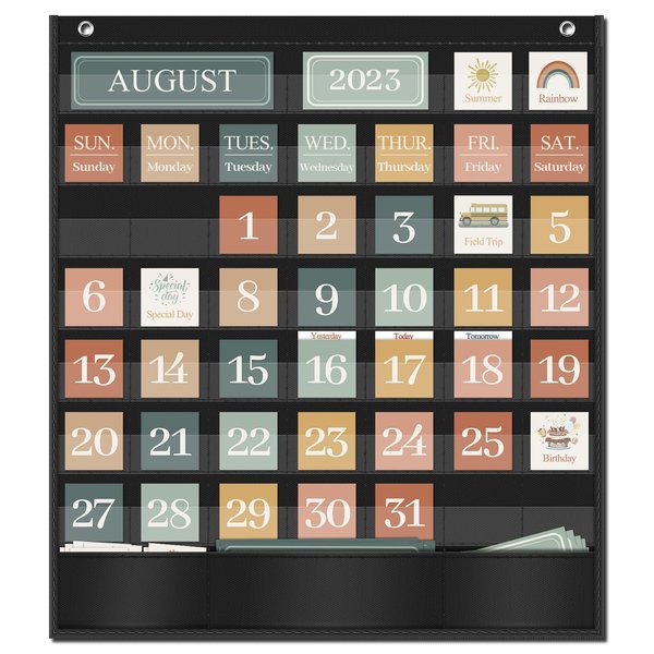 Godery Boho Calendar Pocket Chart for Classroom Cards Add-On School Supplies Teacher Decorations Bulletin Board Pre-K to 6th Grade, Black-2