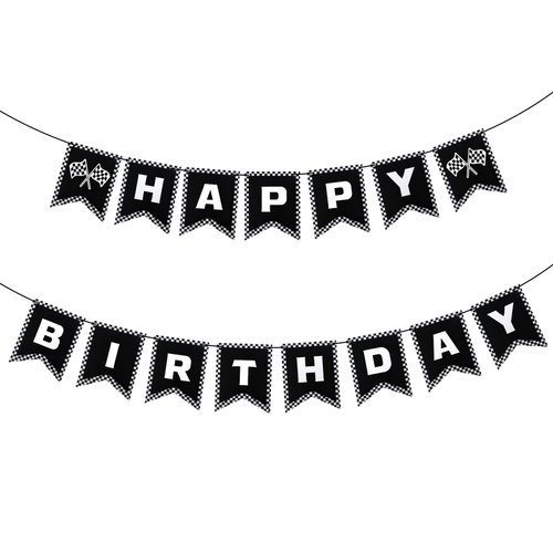 Race Car Happy Birthday Banner - Racing Themed Party Decorations with Checkered Flags, Black and White Racing Banner, Perfect Party Supplies for a Race Car Birthday Celebration