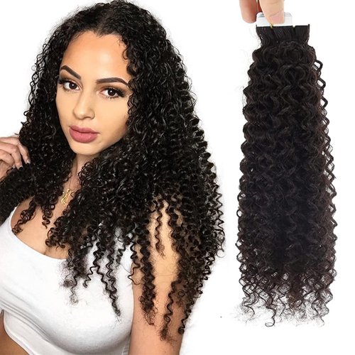 Curly Tape in Hair Extensions Kinky Curly Real Human Hair Tape in Extensions Natural Black Brazilian Remy Human Hair for Black Women 18inch 20pcs 50g Skin Weft Tape in Real Human Hair Extensions