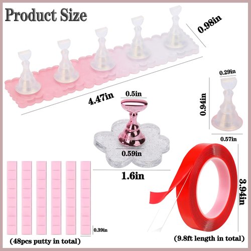 3 Set Nail Stand for Press Ons, Strong Magnet Nail Holder for Painting Nails with 48Pcs Reusable Putty, 9.8Ft Double-sided Tape Press On Nails Kit for Beginner Home Nails Art Display Design Practice