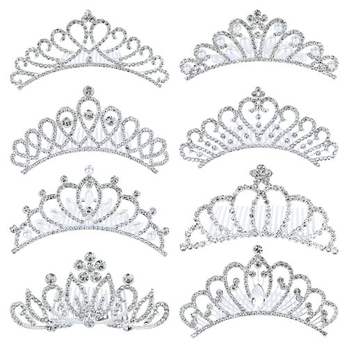 inSowni 8 Pack Decorative Silver Metal Princess Birthday Party Prom Wedding Pearl Rhinestone Crown Hair Side Combs Slides Tiaras Hair Pins Accessories for Kids Teens Girls Women Brides