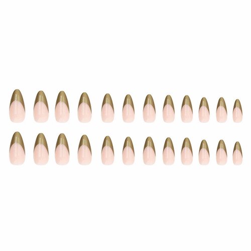 MISUD Medium Almond Press on Nails Stiletto Fake Nails Glossy Glue on Nails Elegant Artificial Acrylic Nails Gold French Tip Stick on False Nails with Design 24 pcs