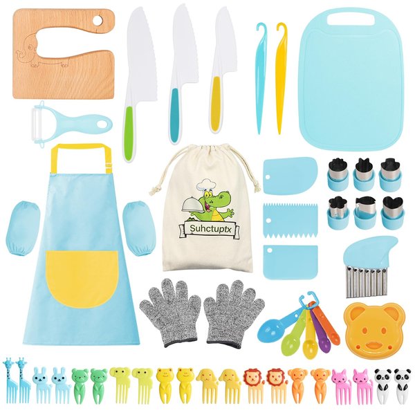 50PCS Toddler Knife Set, Wooden Kid Knife Cutting Board Apron Kitchen Gloves Cutting Board Fruit Vegetable Crinkle Cutters Peeler Serrated Edges Plastic Kids Knives, Toddler Knifes for Real Cooking