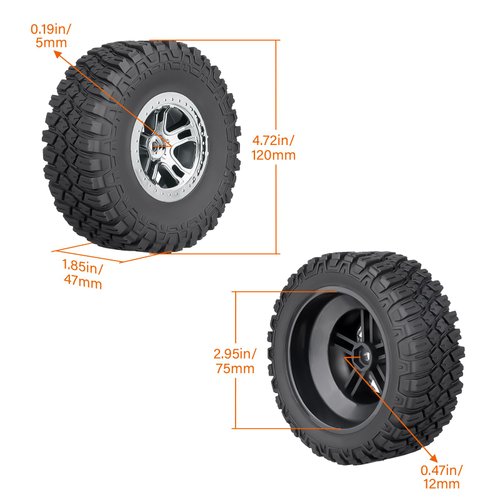 HobbyPark Pre-Glued 1/10 RC Short Course Truck Tires and Chrome Wheels 12mm Hex for Traxxas Slash 2wd 4x4 Vxl BL-2S Redcat Blackout SC Pro TR10 Losi 22S SCT 3S 4S Lipo Brushless Power (120mm Height)