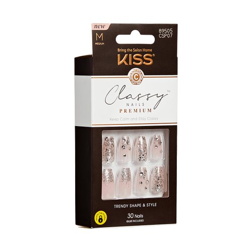KISS Classy Press On Nails, Nail glue included, 'My Muse', Light White, Medium Size, Coffin Shape, Includes 30 Nails, 2g glue, 1 Manicure Stick, 1 Mini File