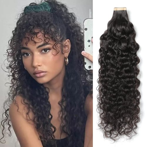 ShowJarlly Curly Tape in Hair Extensions 40PCS Invisible Curly Human Hair Tape in Extensions for Black Women Skin Weft Curly Tape in Hair Extensions Real Human Hair(12inch Natural Black)
