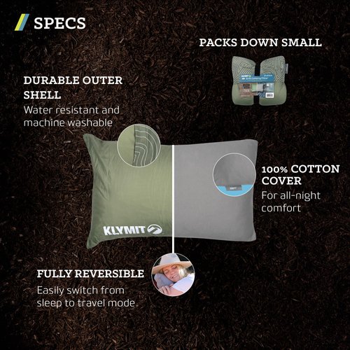 Klymit Drift Camping Pillow, Shredded Memory Foam Travel Pillow with Reversible Cover for Outdoor Use, Green, Regular