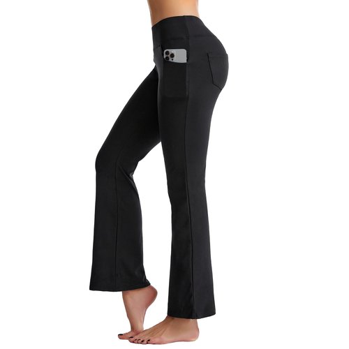 CAMBIVO Flare Yoga Pants for Women High Waist, Bootcut Workout Stretch Leggings with Pockets & Tummy Control, Non-See-Through (Black, Medium)