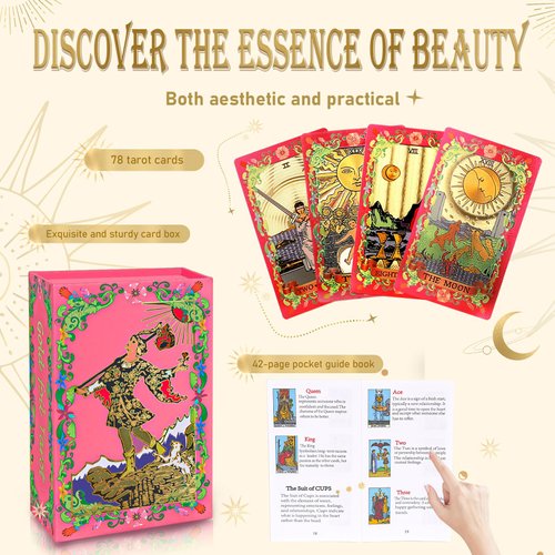 Tarot Cards，Red Tarot Cards With Guide Book Waterproof Tarot Cards Tarot Gold Foil Tarot Cards for Beginners Tarot Deck Tarot Cards with Meanings on Them Rider Waite Tarot Deck Tarrot Tarot Decks