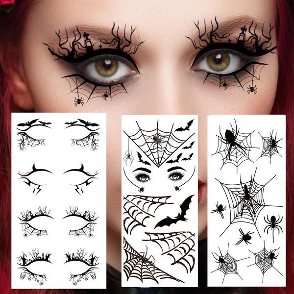 Halloween Spider Web Bat Temporary Tattoo Stickers Eye Shadow Eyeliner Face Eye Makeup Tattoos for Women Girls Halloween Masquerade Party.