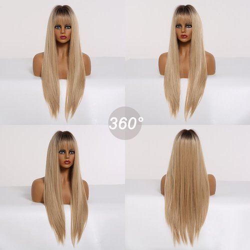 EMMOR Ombre Blonde Wig with bangs for Women, Long Straight Natural Synthetic Hair Dark Root Wigs, Party Cosplay Daily Use (28" Ombre Blonde)