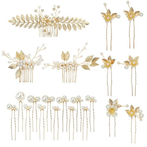 inSowni 21 Pack Gold Leaf Flower Bridal Wedding Hair Side Combs+U-shaped Pearls Hair Pins Hair Pieces Headpieces Accessories for Brides Bridesmaids Women Girls