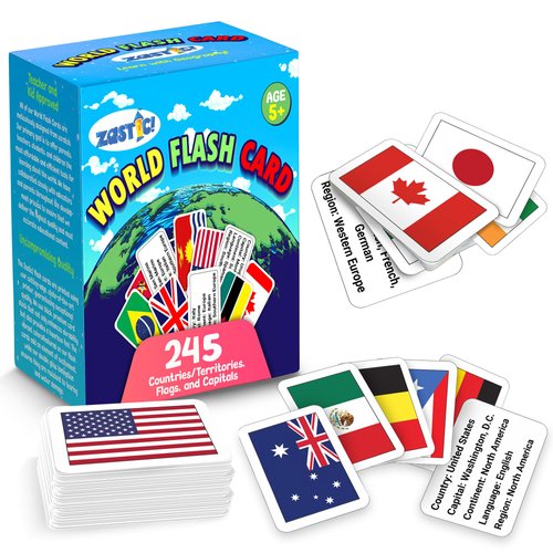 Zastic! World Flags Flashcards - 245 Country Flags, Capitals, Language, and Continents - Gloss Laminated - Country Flags of The World Flash Cards - Country Flash Cards - Geography Kids Flash Cards
